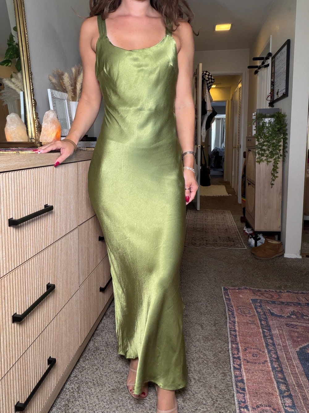 REVOLVE Olive Green Satin Midi Slip Dress - Picture 6 of 7